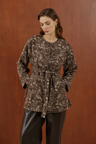 Kahverengi Desenli Kaşe Uzun Mont