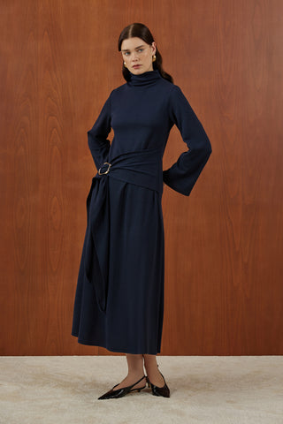 Lacivert Önden Bağlamalı Fitilli Triko Elbise