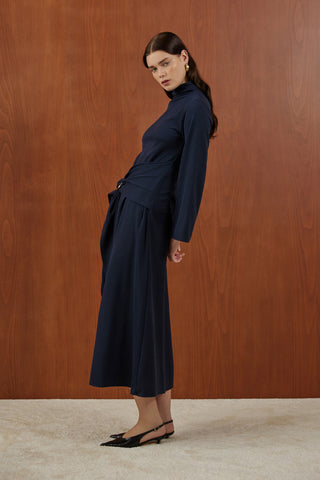 Lacivert Önden Bağlamalı Fitilli Triko Elbise