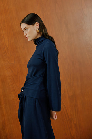 Lacivert Önden Bağlamalı Fitilli Triko Elbise