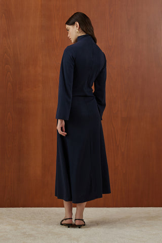 Lacivert Önden Bağlamalı Fitilli Triko Elbise