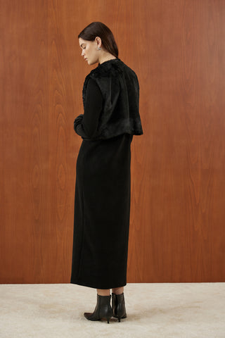 Siyah Peluş Kürk Yelekli Triko Elbise