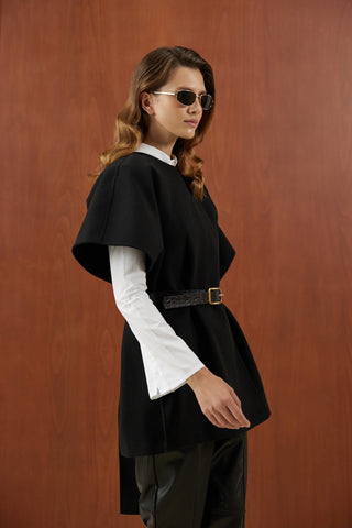 Siyah Deri Kemerli Kaşe Panço