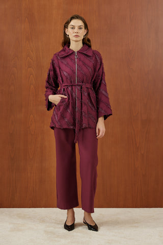 Bordo Sakallı Simli Kumaş Fermuarlı Takım