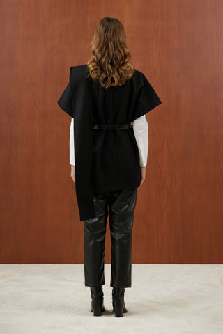 Siyah Deri Kemerli Kaşe Panço