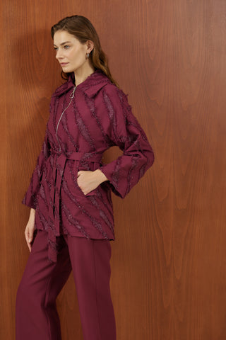 Bordo Sakallı Simli Kumaş Fermuarlı Takım