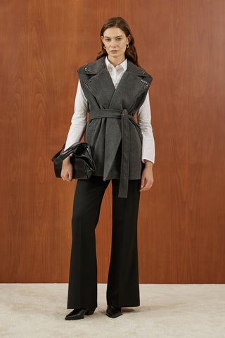 Antrasit Yakası Taşlı Kaşe Yelek