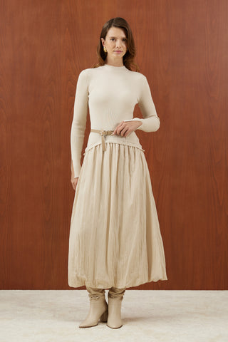 Bej Triko Balon Elbise