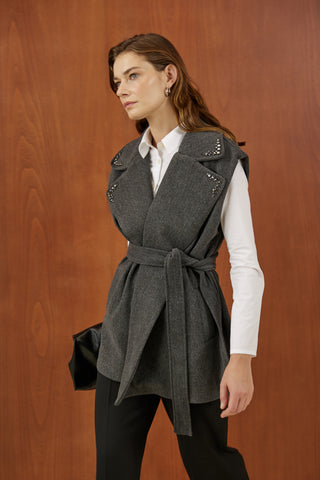 Antrasit Yakası Taşlı Kaşe Yelek