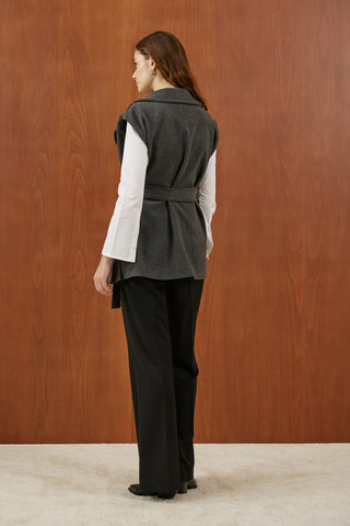 Antrasit Yakası Taşlı Kaşe Yelek