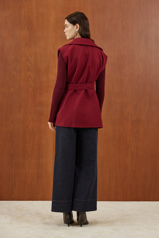 Bordo Yakası Taşlı Kaşe Yelek