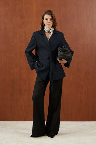 Lacivert Yandan Bağlamalı Salaş Blazer Ceket