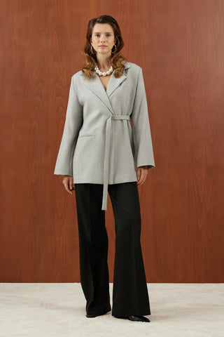 Gri Yandan Bağlamalı Salaş Blazer Ceket