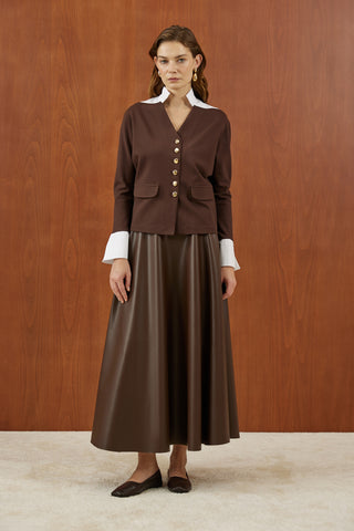 Kahverengi Poplin Detaylı Gold Düğmeli Ceket