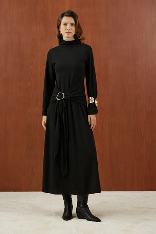 Siyah Önden Bağlamalı Fitilli Triko Elbise