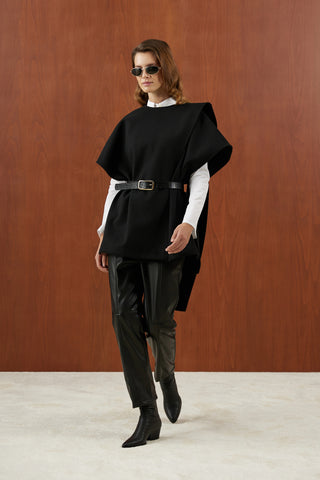 Siyah Deri Kemerli Kaşe Panço