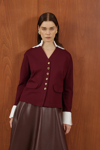 Bordo Poplin Detaylı Gold Düğmeli Ceket