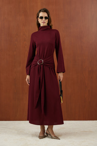 Bordo Önden Bağlamalı Fitilli Triko Elbise