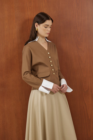 Camel Poplin Detaylı Gold Düğmeli Ceket