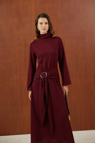 Bordo Önden Bağlamalı Fitilli Triko Elbise