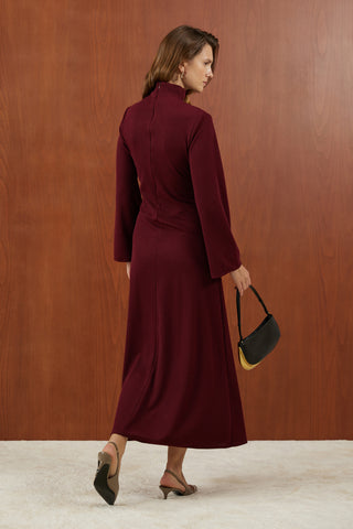 Bordo Önden Bağlamalı Fitilli Triko Elbise