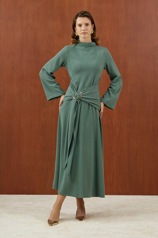 Mint Önden Bağlamalı Fitilli Triko Elbise