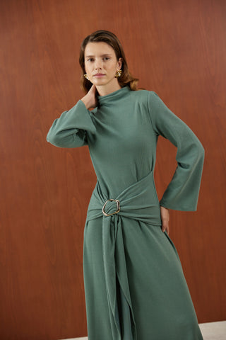 Mint Önden Bağlamalı Fitilli Triko Elbise