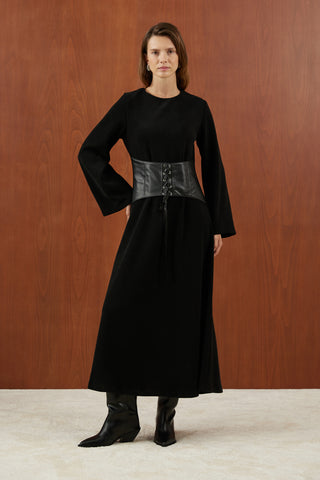 Siyah Deri Korsajlı Triko Elbise