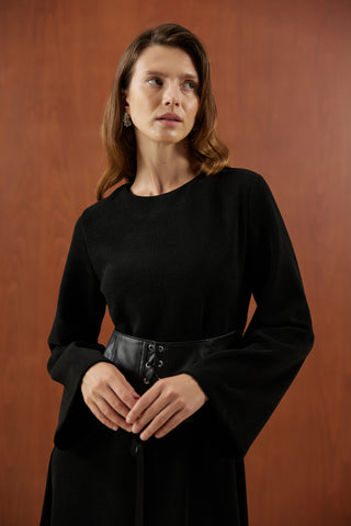 Siyah Deri Korsajlı Triko Elbise