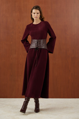 Bordo Deri Korsajlı Triko Elbise