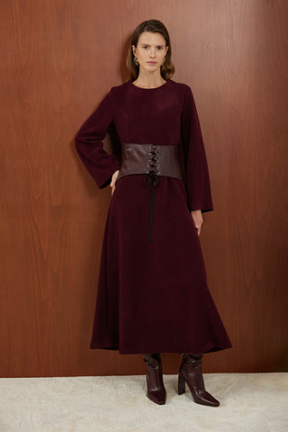 Bordo Deri Korsajlı Triko Elbise