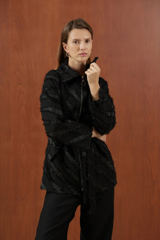 Siyah Sakallı Simli Kumaş Fermuarlı Takım