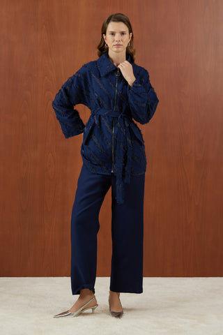 Lacivert Sakallı Simli Kumaş Fermuarlı Takım