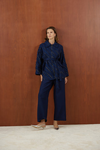 Lacivert Sakallı Simli Kumaş Fermuarlı Takım