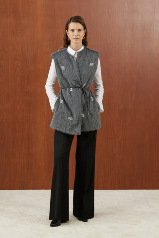 Antraist Kristal Taşlı Tüğlü Kürk Yelek