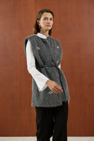 Antraist Kristal Taşlı Tüğlü Kürk Yelek