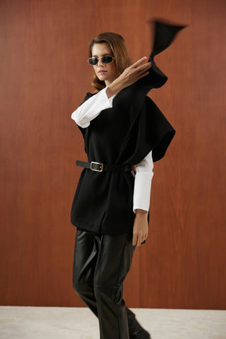 Siyah Deri Kemerli Kaşe Panço