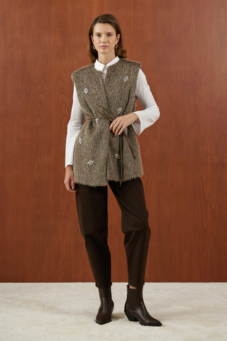 Camel Kristal Taşlı Tüğlü Kürk Yelek