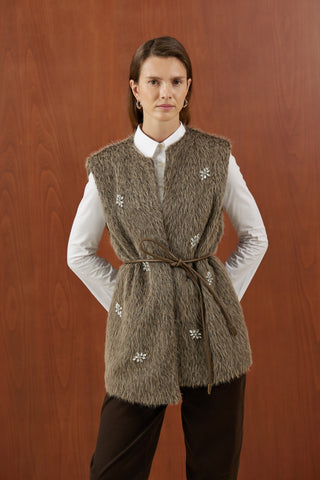 Camel Kristal Taşlı Tüğlü Kürk Yelek