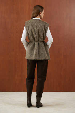 Camel Kristal Taşlı Tüğlü Kürk Yelek