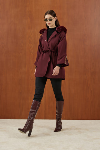 Bordo Kapişonu Kürklü Trenç Mont