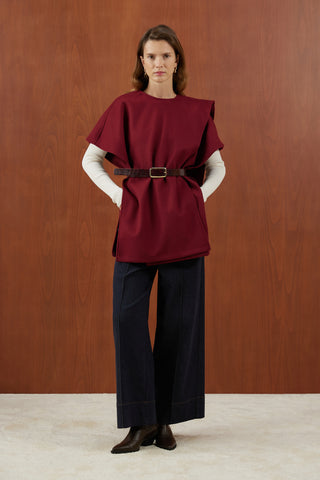 Bordo Deri Kemerli Kaşe Panço