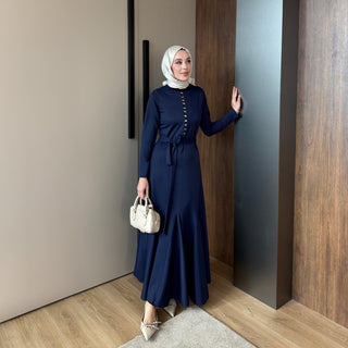 Lacivert Birit Düğmeli Fitilli Gold Elbise