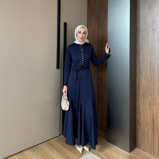 Lacivert Birit Düğmeli Fitilli Gold Elbise