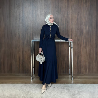 Lacivert Birit Düğmeli Fitilli Gold Elbise