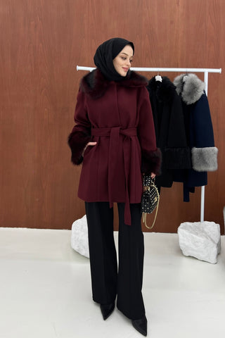 Bordo Kürk Detaylı Kaşe Kaban