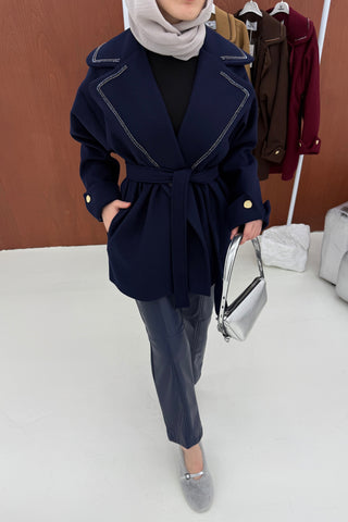 Lacivert Yakası Boncuklu Nakışlı Gold Kaşe