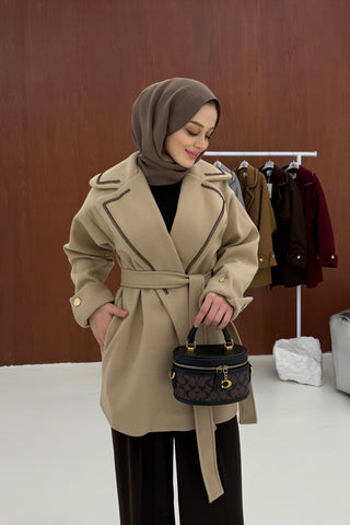 Bej Yakası Boncuklu Nakışlı Gold Kaşe