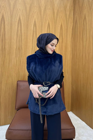 Lacivert Kemer Detaylı Peluş Kürk Panço