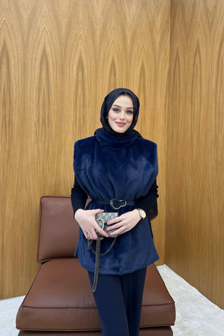 Lacivert Kemer Detaylı Peluş Kürk Panço